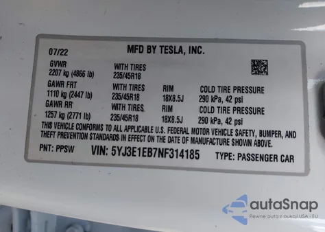 2022 Tesla Model 3 Long Range Dual Motor All-Wheel Drive from USA, damaged, VIN 5YJ3E1EB7NF314185